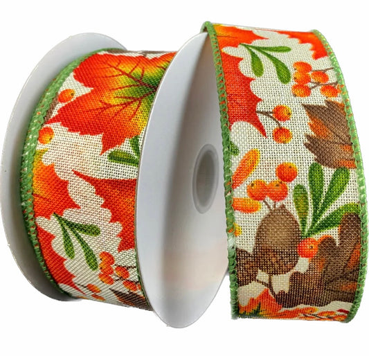 10 Yards - 1.5” Wired Fall Leaves and Acorn Ribbon