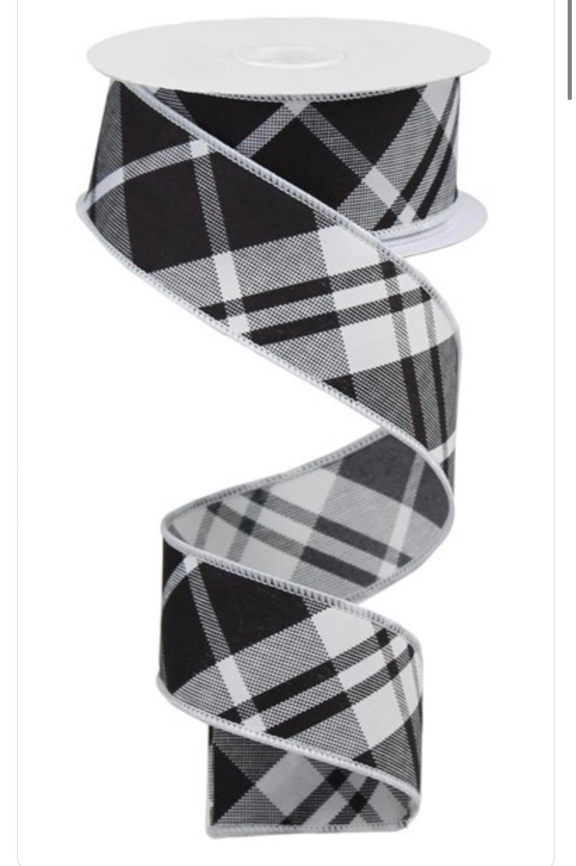 10 Yards - 1.5” Black and White Diagonal Stripe/Check Plaid Ribbon