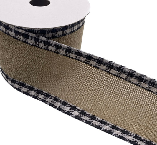 10 Yards - 2.5" Wired Natural Linen Background with Black and White Gingham Check Edge Ribbon