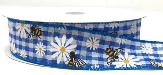 50 Yards - 1.5” Wired Blue and White Check Bumblebee Daisy Ribbon