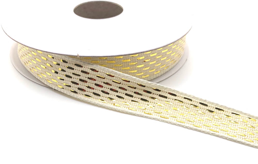 10 Yards - 5/8" Wired Ivory Champagne Metallic Dash Ribbon