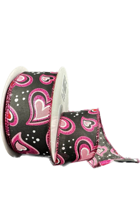 Wired Black Satin Pink Red Fuchsia  Glitter Groovy Hearts Valentines Day Ribbon- 1.5”x10 Yards