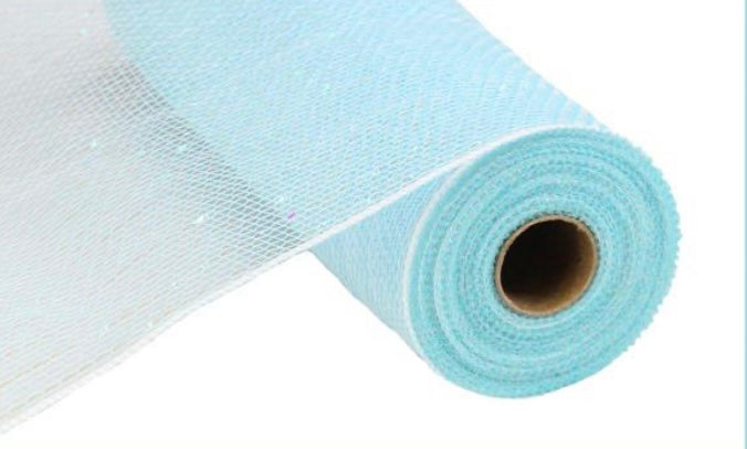 10.5"x10 Yards Iridescent Pastel Turquoise with White Foil Mesh