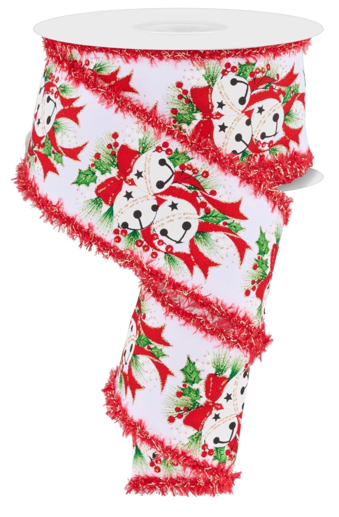 10 Yards - 2.5” Wired Jingle Bells Christmas Ribbon with Gold Glitter Accent and Drift Edge