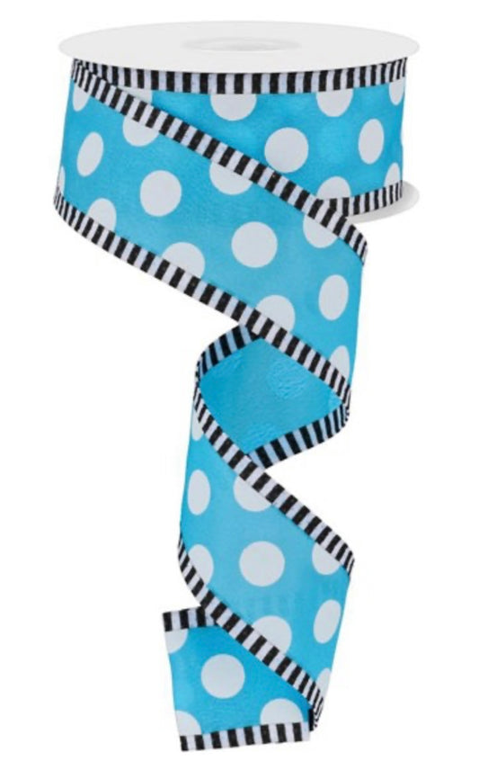 10 Yards - 1.5” Wired Blue Polka Dot with Stripe Edge Ribbon
