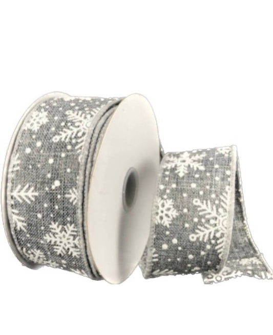 10 Yards - 1.5” Wired Gray and White Glitter Snowflake Ribbon