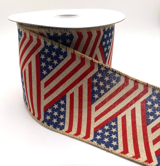 10 Yards - 2.5” Wired Patriotic Red, Natural, and Navy Blue Abstract Flag Ribbon