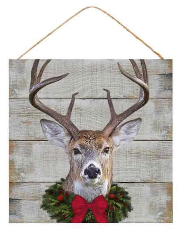 10" Square Holiday Deer Wreath Sign