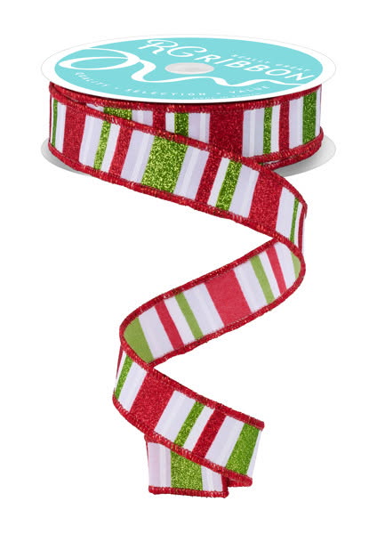 Wired Green, Lime, Red, and White Horizontal Stripe Glitter Accent Ribbon- 7/8”x10 Yards