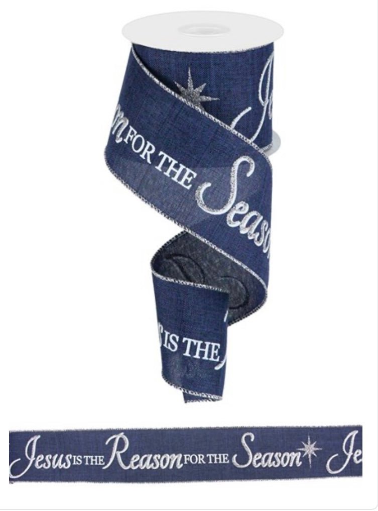 10 Yards - 2.5" Wired Blue, White, and Silver Jesus is the Reason for the Season Christmas Ribbon