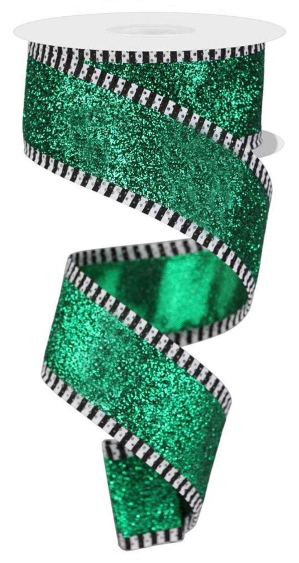 10 Yards - 1.5” Wired Emerald Green Heavy Glitter Ribbon with Stripe Edge