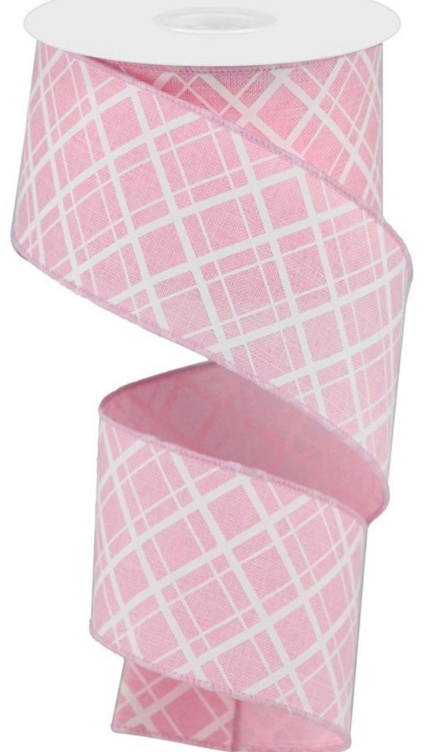 10 Yards - 2.5" Wired Pink and White Cross Plaid Ribbon