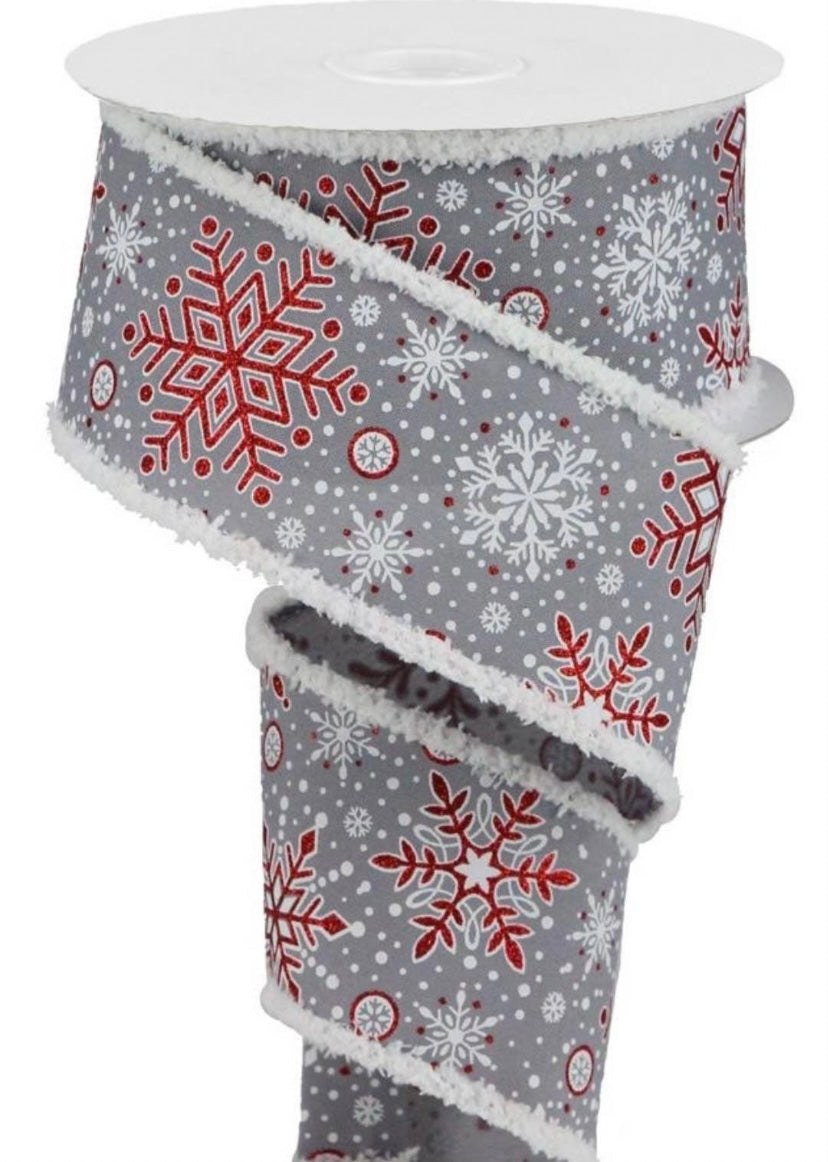 10 Yards - 2.5" Wired Gray Background Red and White Snowflake Ribbon