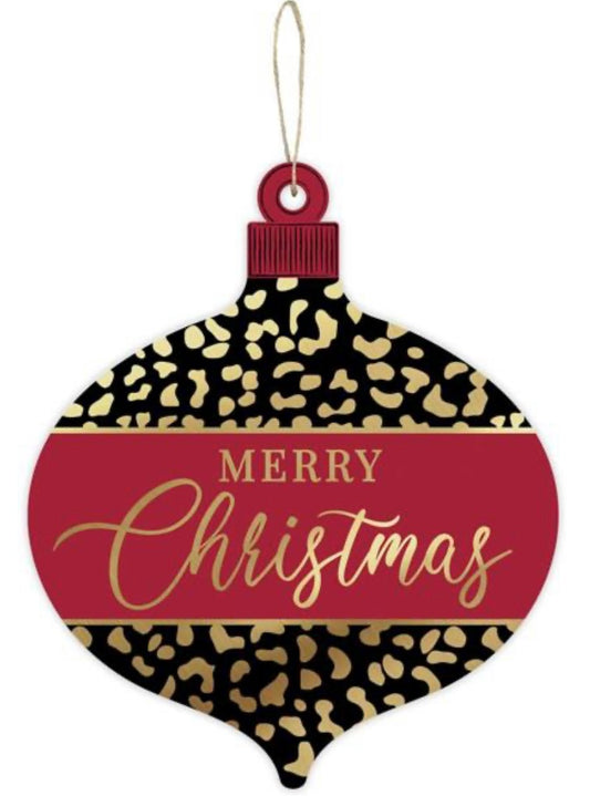 12”x10” Leopard Merry Christmas Red Black and Gold Ornament Wreath Sign