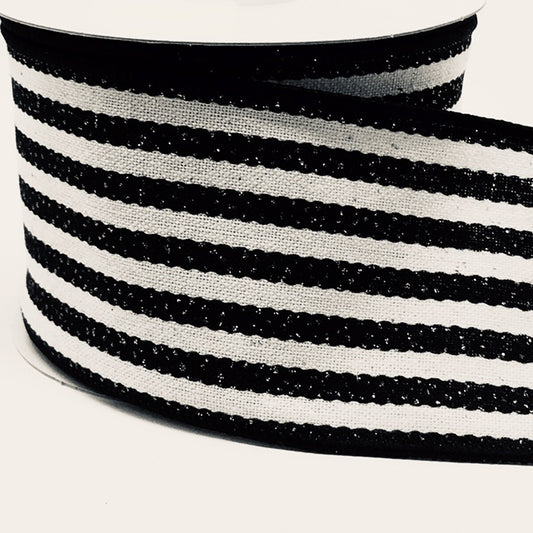 10 Yards - 2.5” Wired Black Cream Stripe Ribbon with Glitter Accent