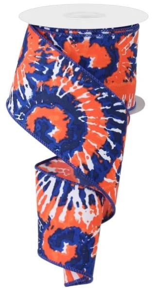 10 Yards - 2.5” Wired Orange, Blue, and White Tie Dye Ribbon