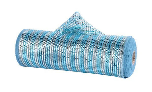 Light Blue Champagne and Smoke Blue Wide Foil Stripe Mesh- 10.5”x10 Yards
