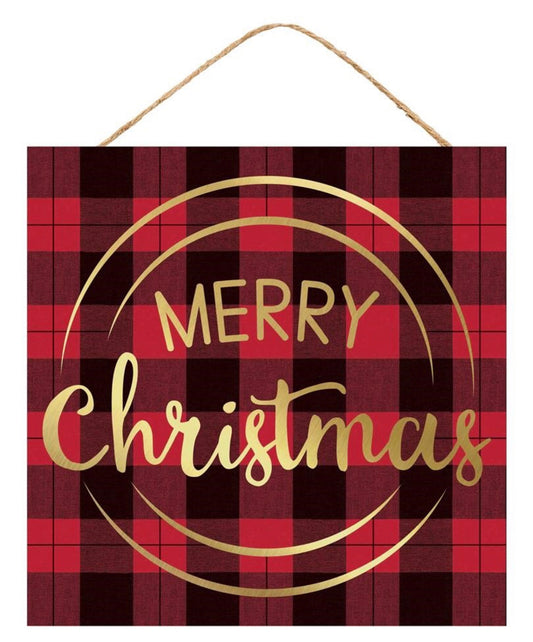 10” Square Merry Christmas Red and Black Check Background Wreath Sign