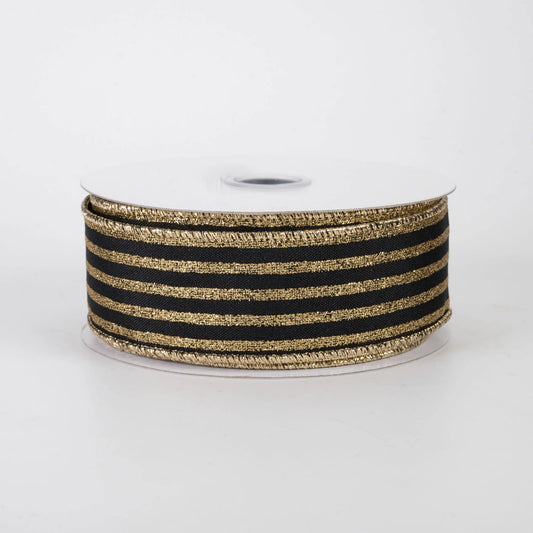 Wired Navy and Gold Vertical Stripe Glitter Accent Ribbon- 1.5”x10 Yards