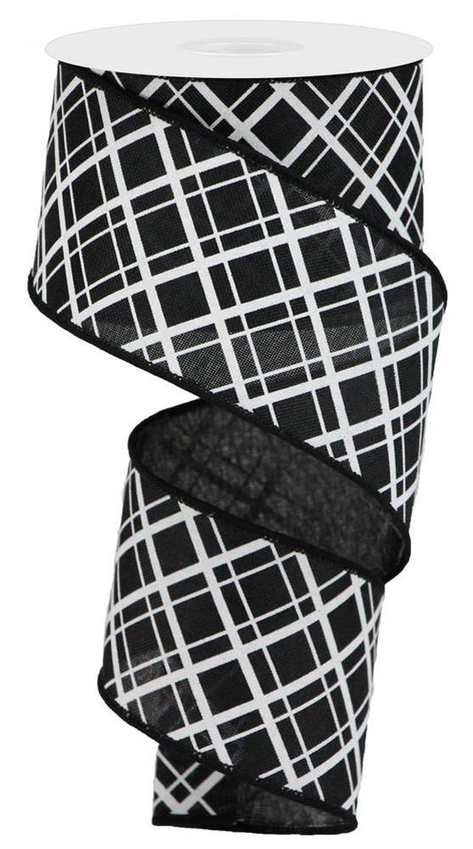 2.5" x 10yd Wired Black and White Thick/Thin Diagonal Check Ribbon