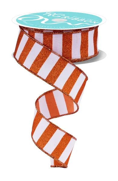 Wired Orange and White Horizontal Stripes Ribbon- 1.5”x 10 Yards