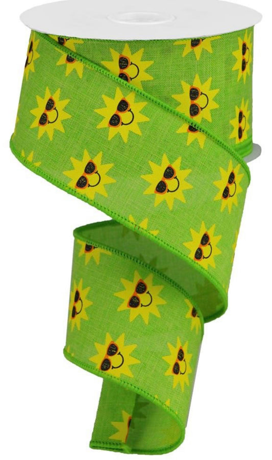 10 Yards - 2.5” Wired Lime Green Background Summer Sunshine Ribbon