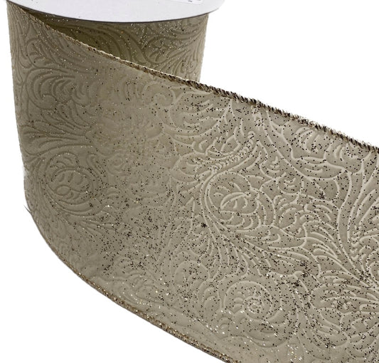 10 Yards - 4" Wired Ivory Champagne Glitter Ribbon