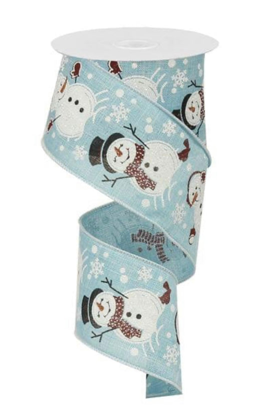 10 Yards - 2.5” Wired Blue Background Glitter Accent Snowman  Ribbon