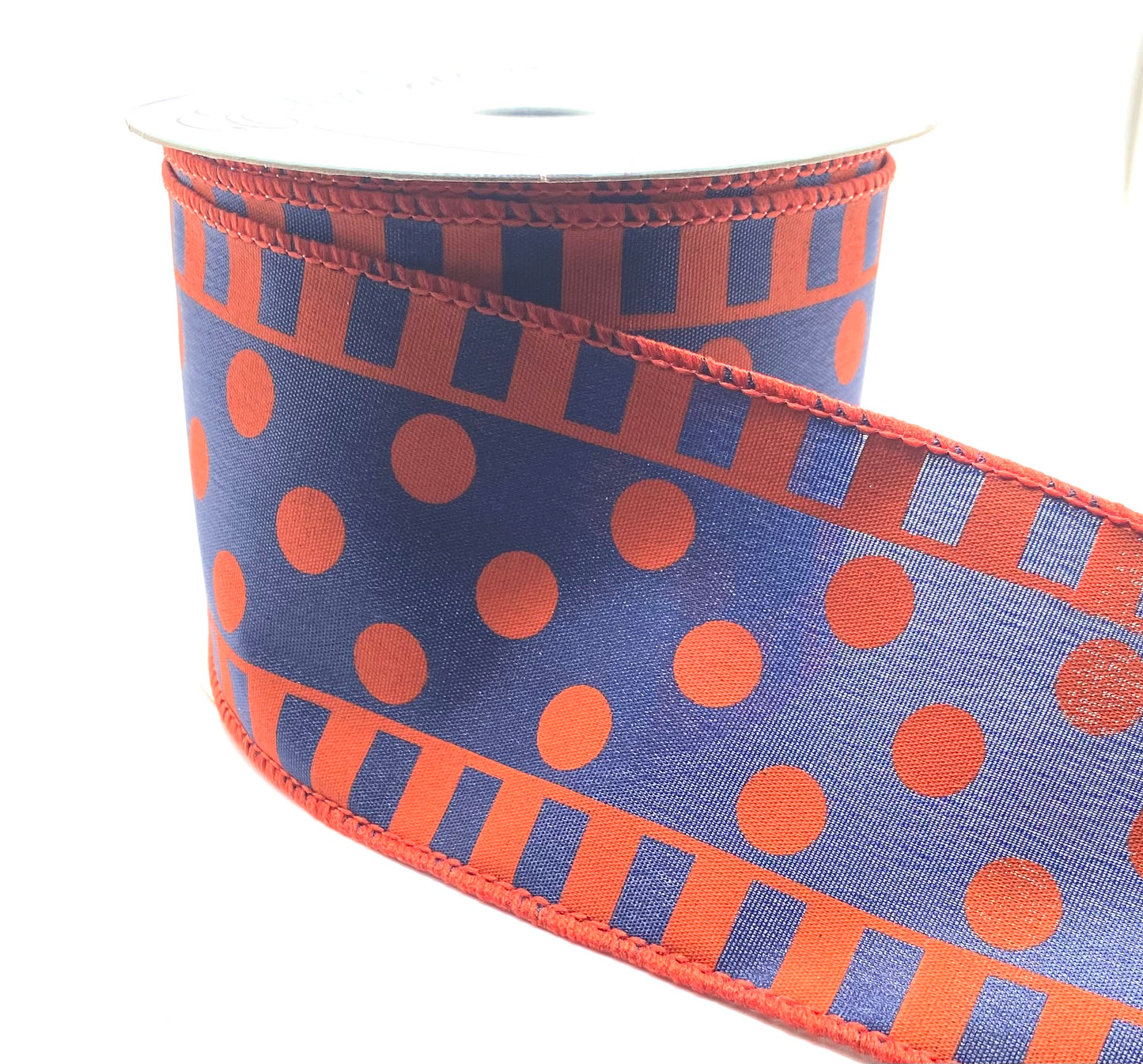 10 Yards - 2.5” Wired Navy with Orange Polka Dot and Stripes Ribbon