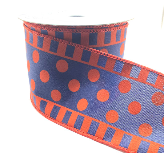10 Yards - 2.5” Wired Navy with Orange Polka Dot and Stripes Ribbon
