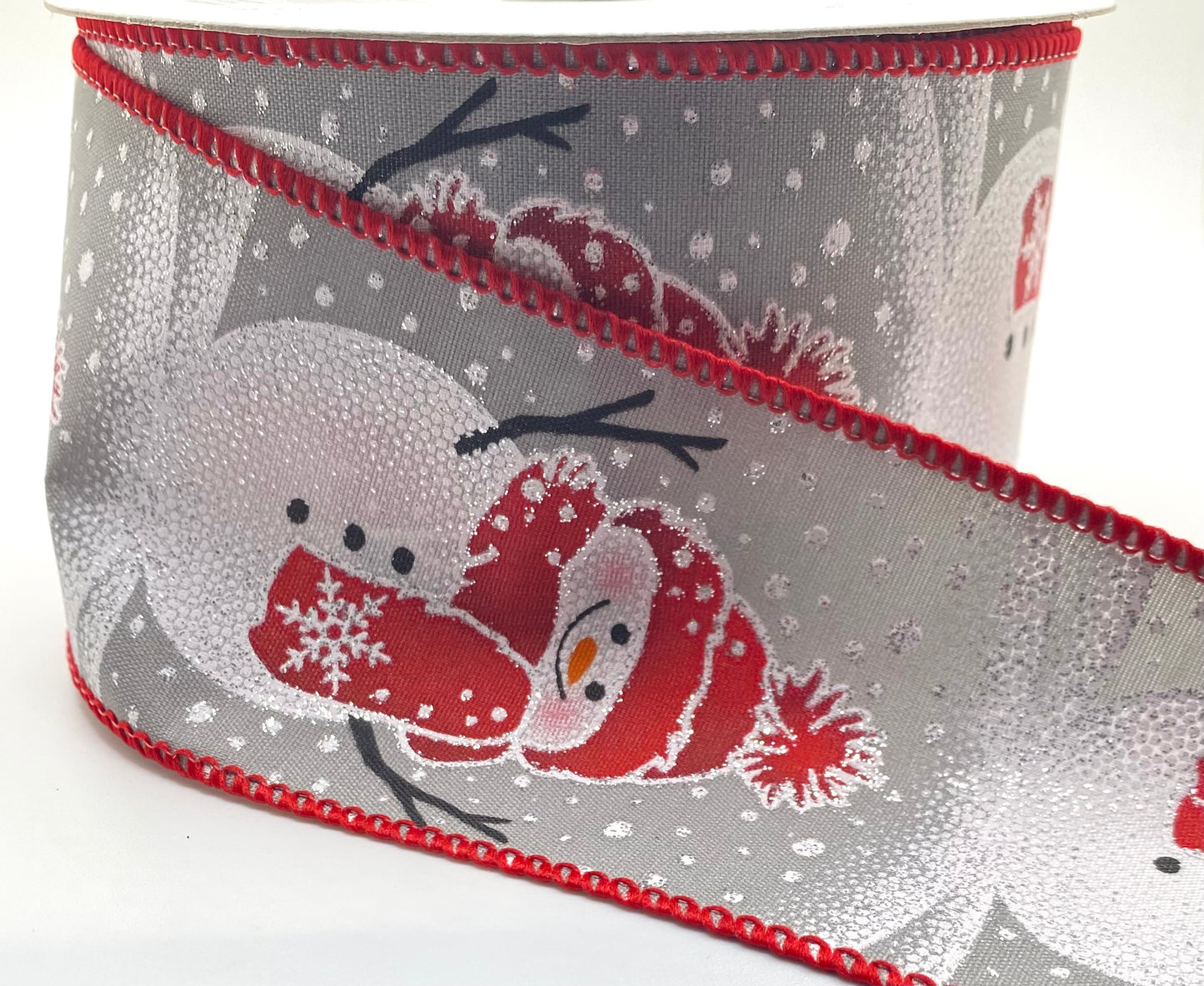 2.5”x 10 Yards- Snowman Ribbon on Silver Background with Red Trim