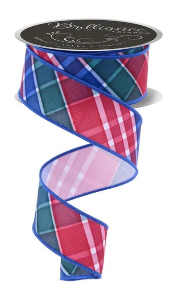Wired Red Emerald Blue Plaid Ribbon- 1.5”x10 Yards