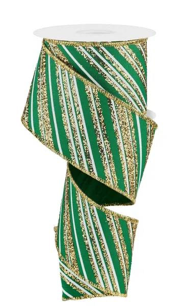 Wired Emerald White Gold Glitter Diagonal Stripe Ribbon- 2.5”x10 Yards