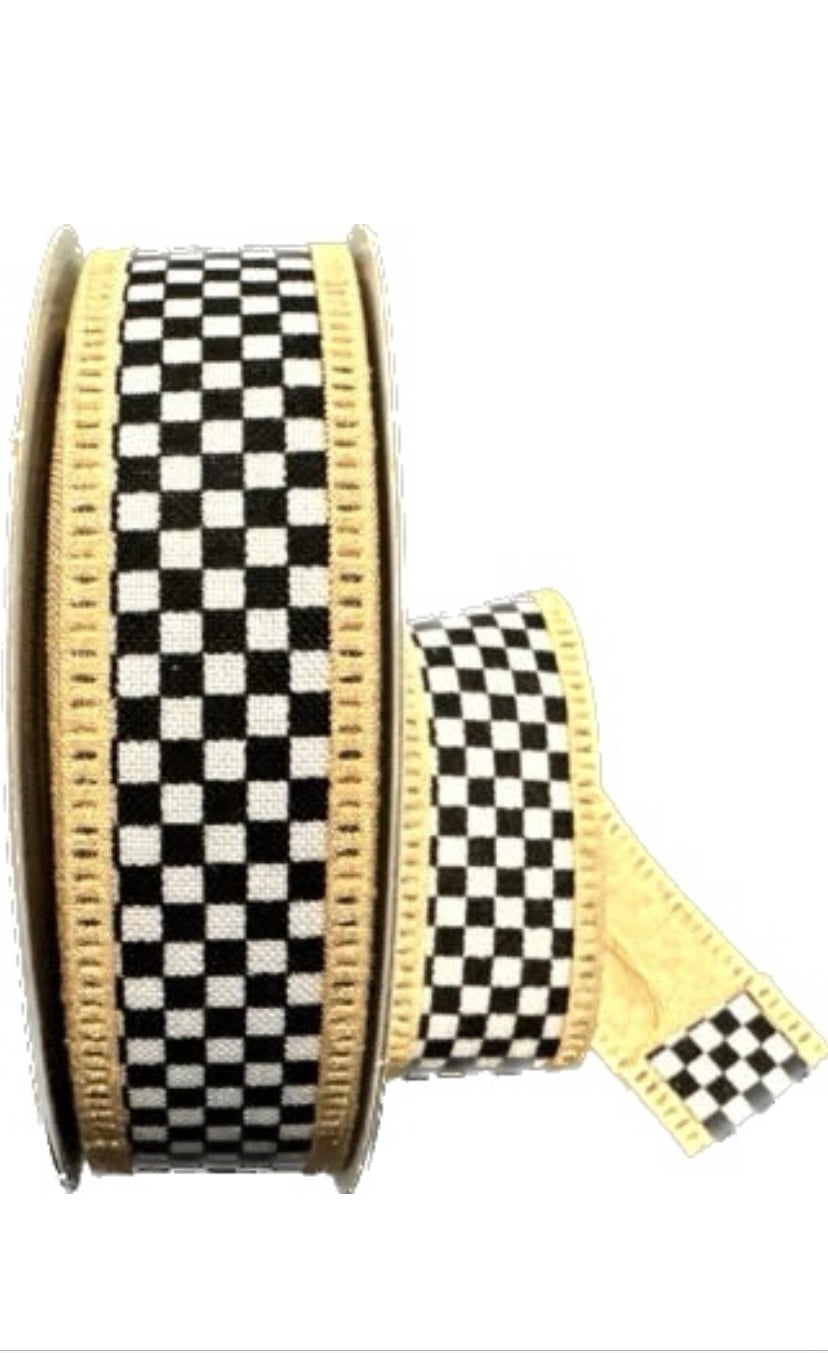 Wired Black and White Check Gold Trim Ribbon- 1.5”x10 Yards