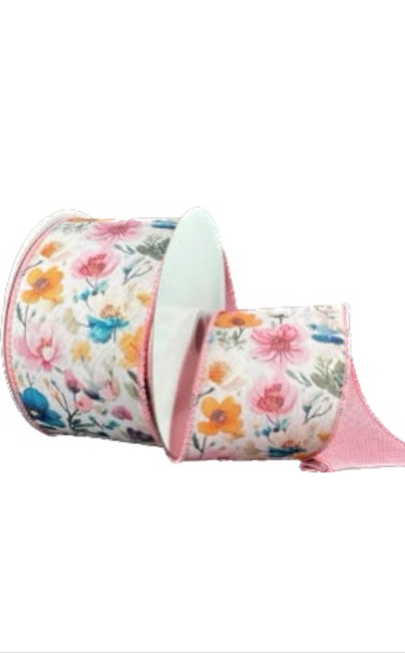 Wired Double Sided Teal-Pink Rust Flowers Blush Linen Back Ribbon- 2.5”x10 Yards