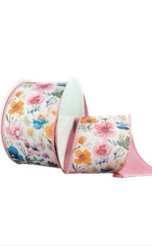Wired Double Sided Teal-Pink Rust Flowers Blush Linen Back Ribbon- 2.5”x10 Yards