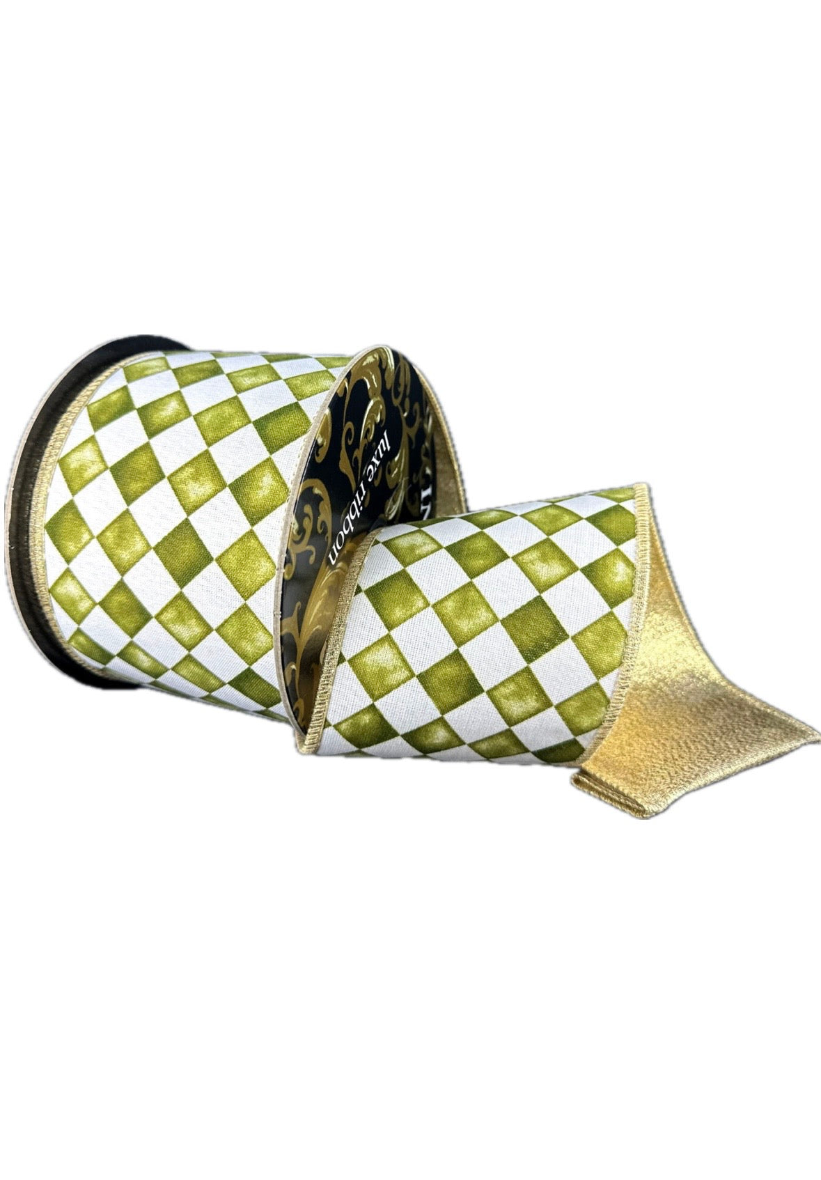 Wired Moss Green Watercolor Square Harry Check Gold Metallic Back Ribbon- 4”x5 Yards