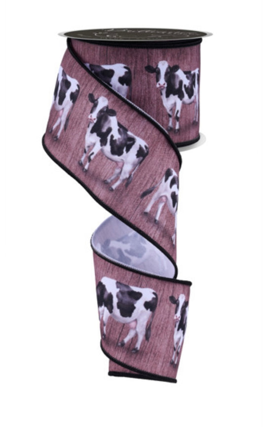 10 Yards - 2.5” Wired Brown Background Cow Print Ribbon