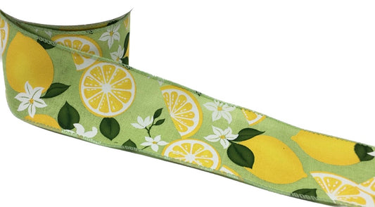 10 Yards - 2.5" Wired Line Green Background Lemon with Flowers Ribbon