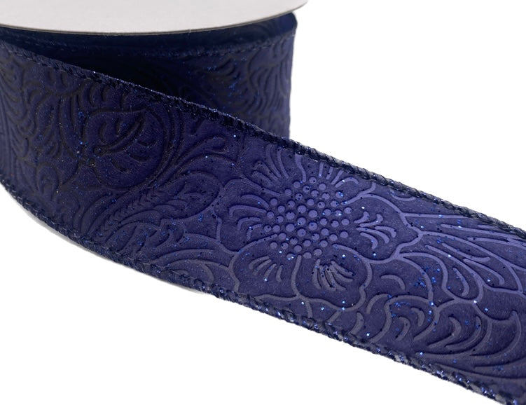 10 Yards - 1.5” Wired Navy Blue Glitter Floral Design Embossed Ribbon