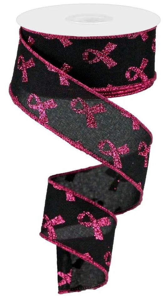 Wired Black Background Breast Cancer Awareness Ribbon with Glitter Accent- 1.5”x10 Yards