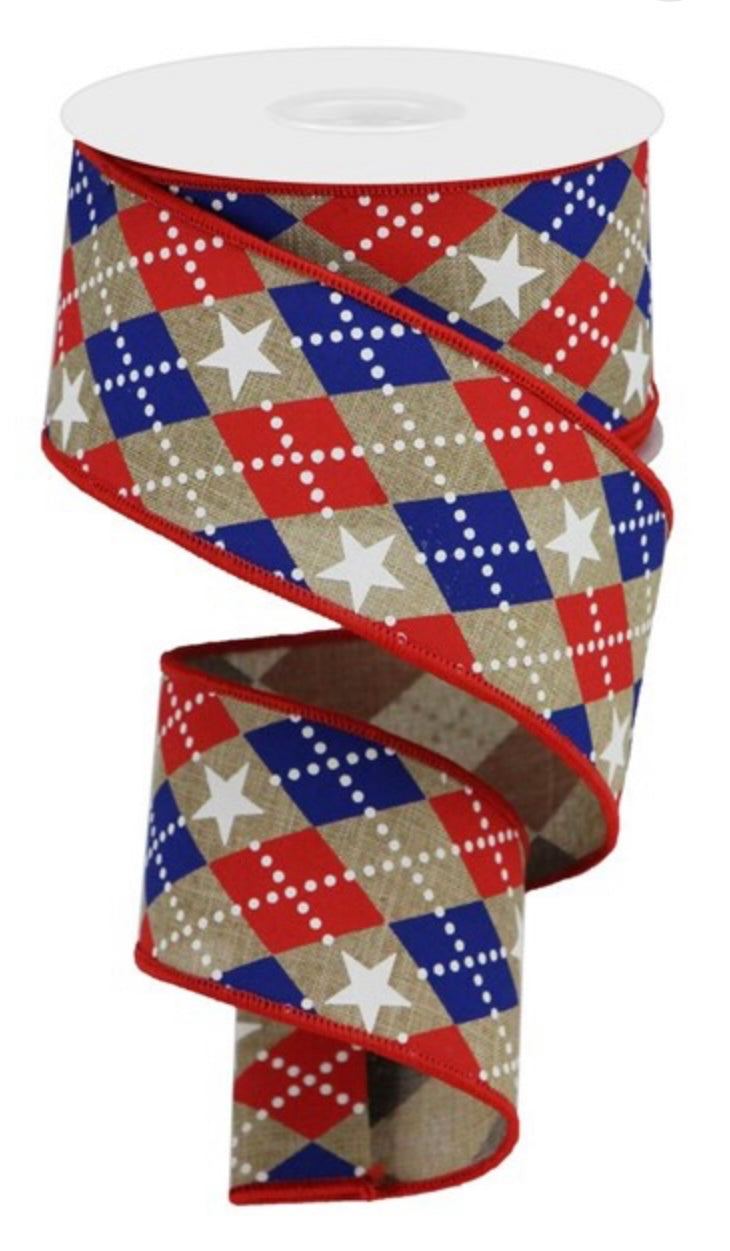 10 Yards - 2.5” Wired Red, White, and Blue on Natural Patriotic Ribbon