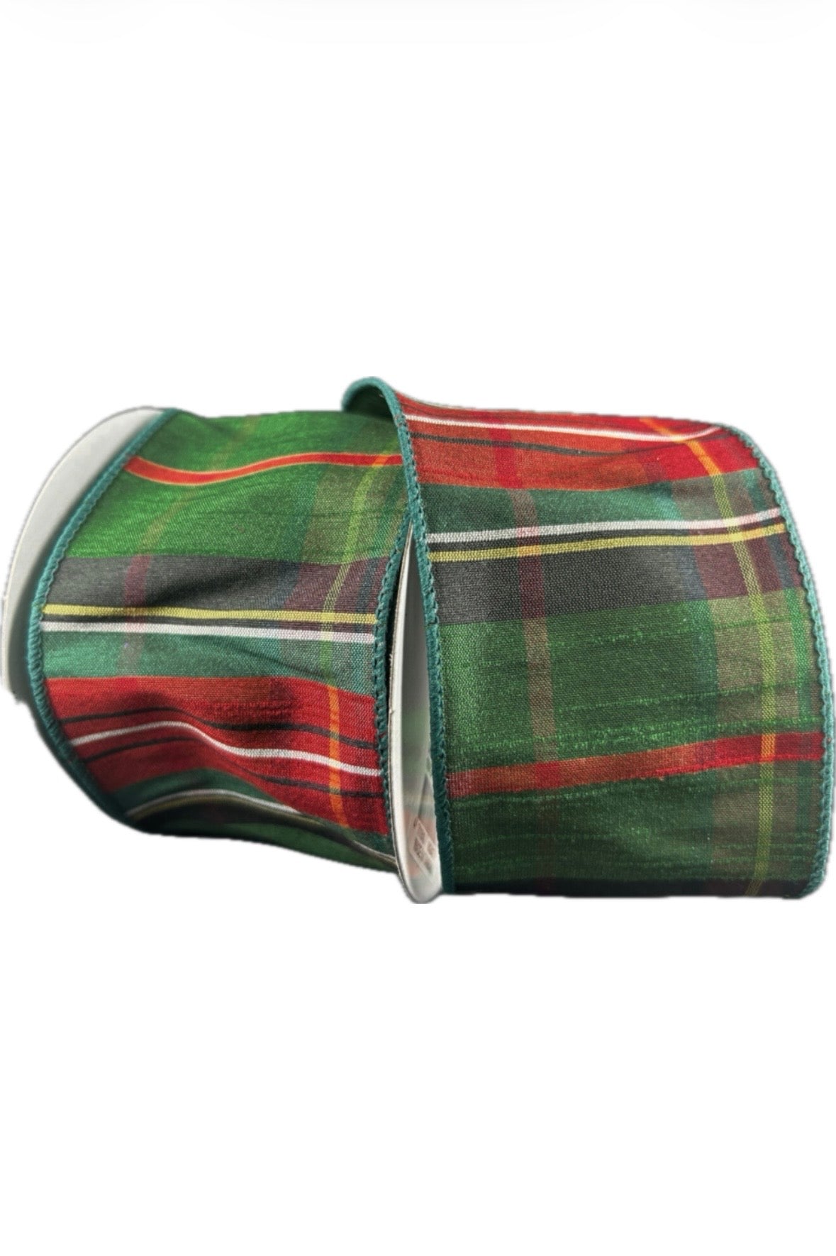 Wired Emerald Red Black Yellow Dupioni Tartan Plaid Ribbon-2.5”x10 Yards