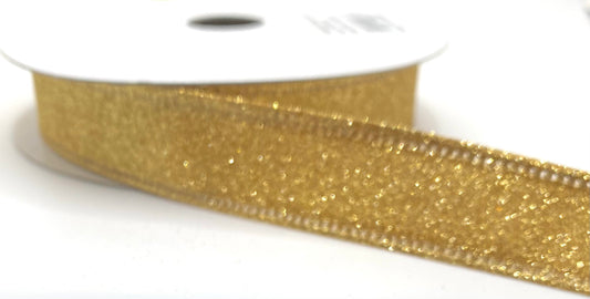 10 Yards - 7/8" Wired Gold All Flat Glitter Ribbon