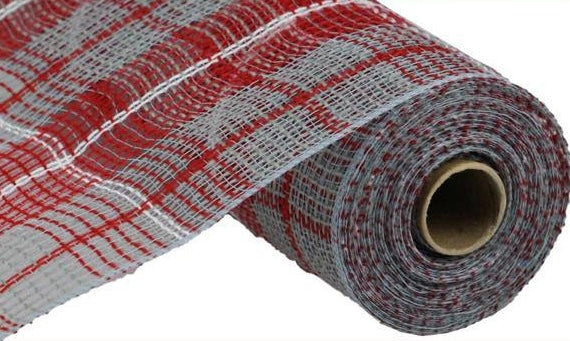 10.5 inch x 10 Yards Red, Gray and White Check Fabric Mesh