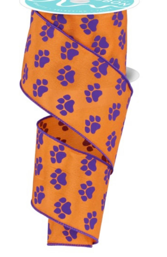 10 Yards - 2.5" Wired Orange and Purple Paw Print Dog Ribbon