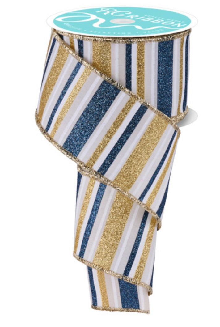 Wired Smoke Blue, Cream, Gold, and White Horizontal Stripe Glitter Accent Ribbon- 2.5”x10 Yards