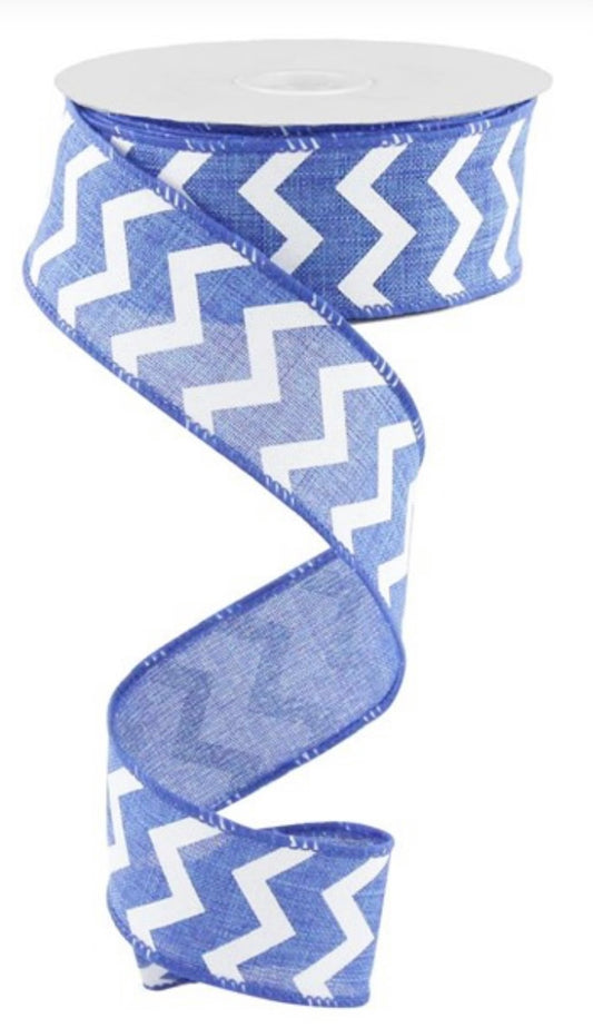 1.5”x 10 Yards Wired Royal Blue and White Chevron Ribbon