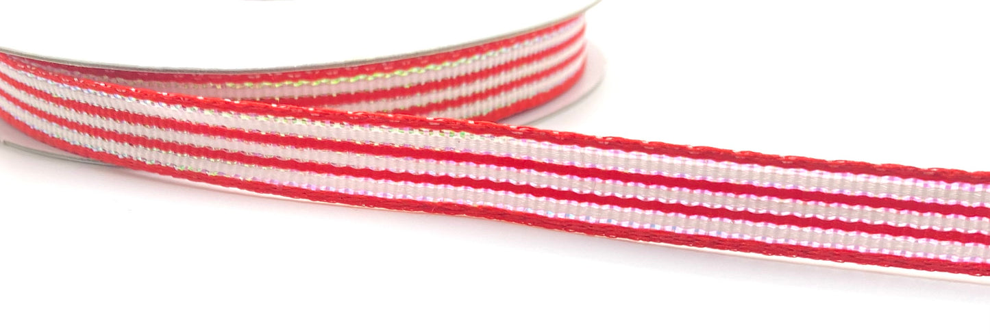 10 Yards - 3/8” Wired Red White Iridescent Stripes Ribbon