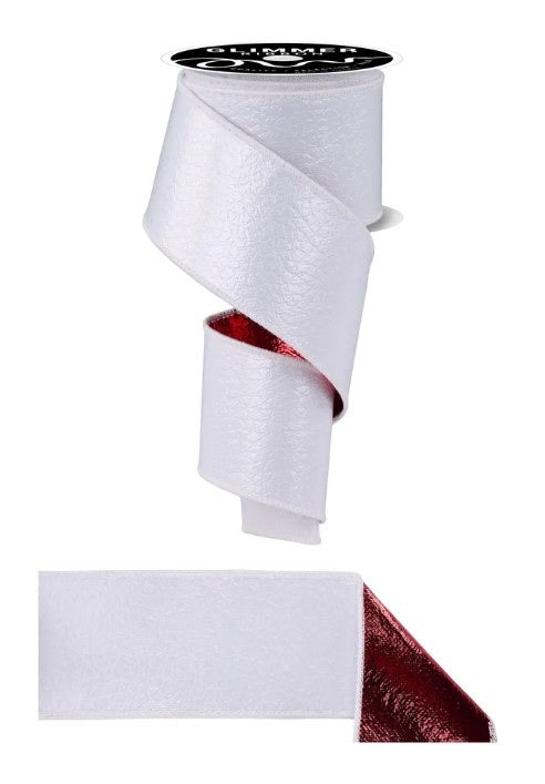 Wired White and Red Double Sided Ice Crackle/Smooth Fused Ribbon- 2.5”x10 Yards